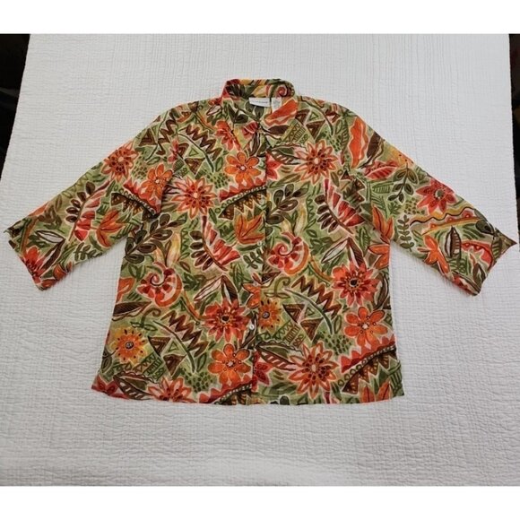 Alfred Dunner Tops - Alfred Dunner Top Women's 18 Green Orange Floral Fall Leaves Button Down Shirt